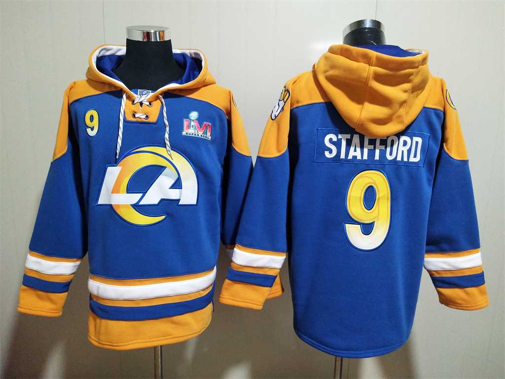 Rams 9 Matthew Stafford Royal Super Bowl LVI All Stitched Sweatshirt Hoodie,We sell and wholesale Rams 9 Matthew Stafford Royal Super Bowl LVI All Stitched Sweatshirt Hoodie on line form chian!